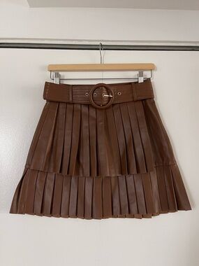 ZARA Pleated Faux Leather Mini Skirt with Belt - Brown